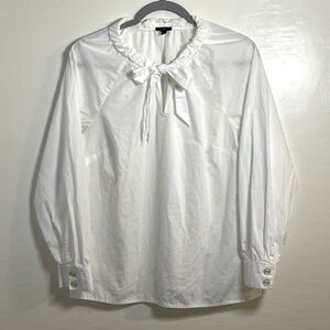 Talbots Tie Neck Top Women's White Cotton Long Sleeve Blouse Size Large Petite